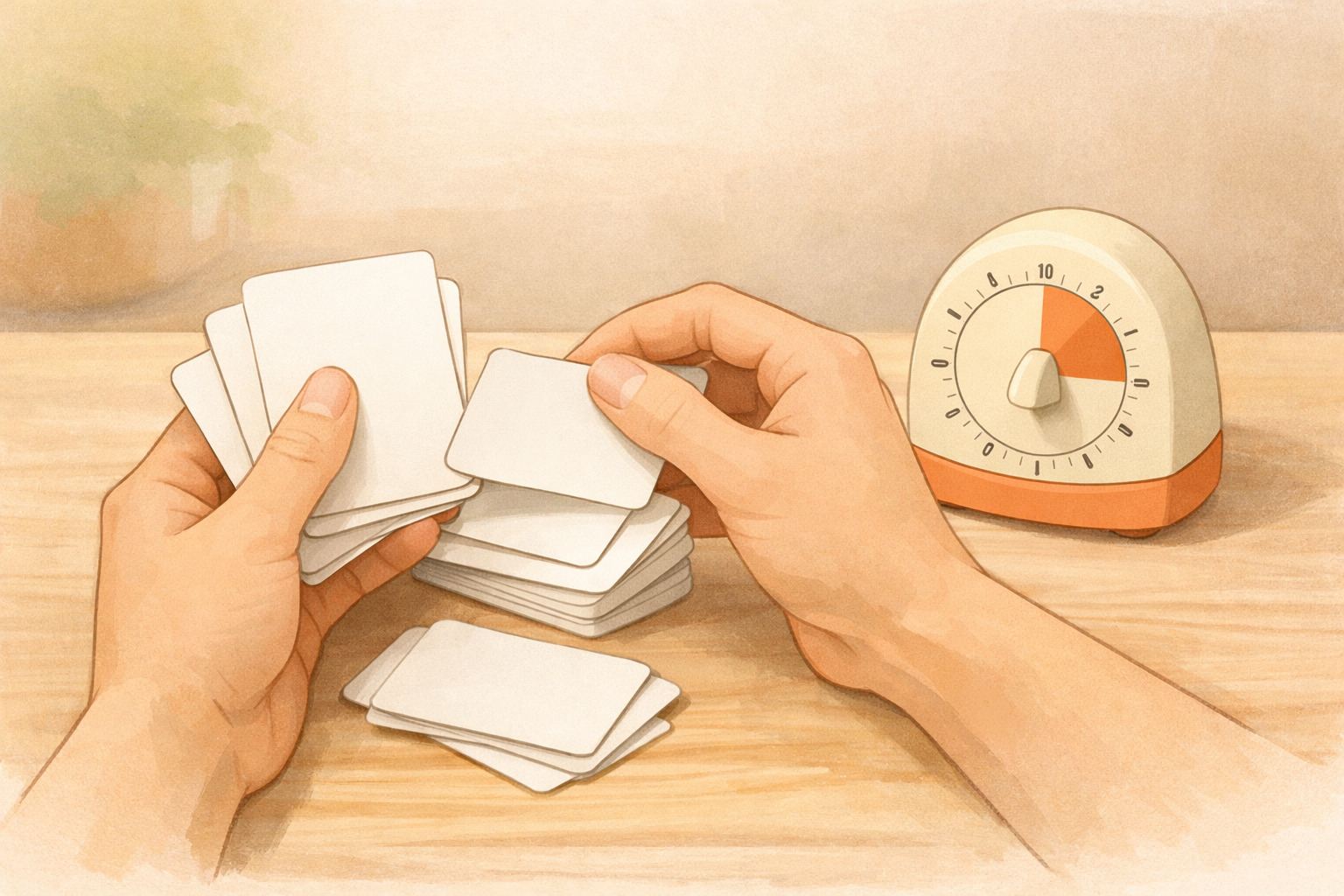 Hands arranging small cards for a bite‑size review set with a timer nearby.