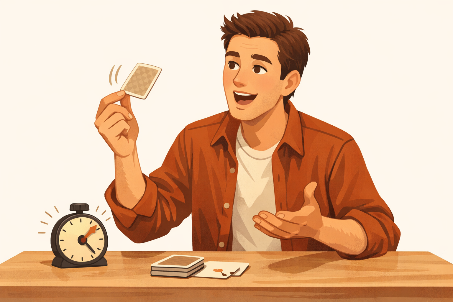 Someone speaking while reviewing flashcards with a small timer beside them.