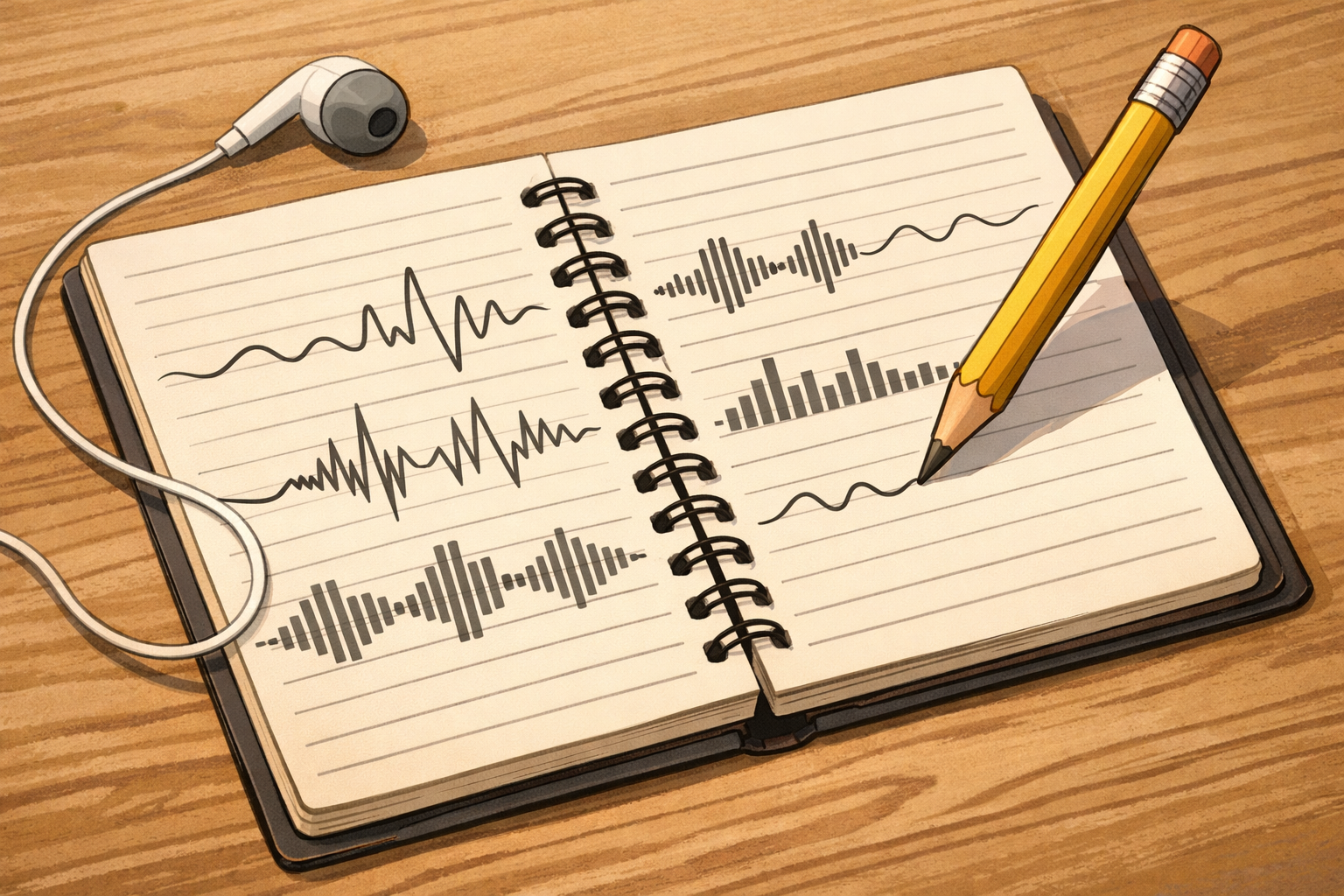 A notebook, pencil, and audio waveform indicating listening, speaking, and writing practice.