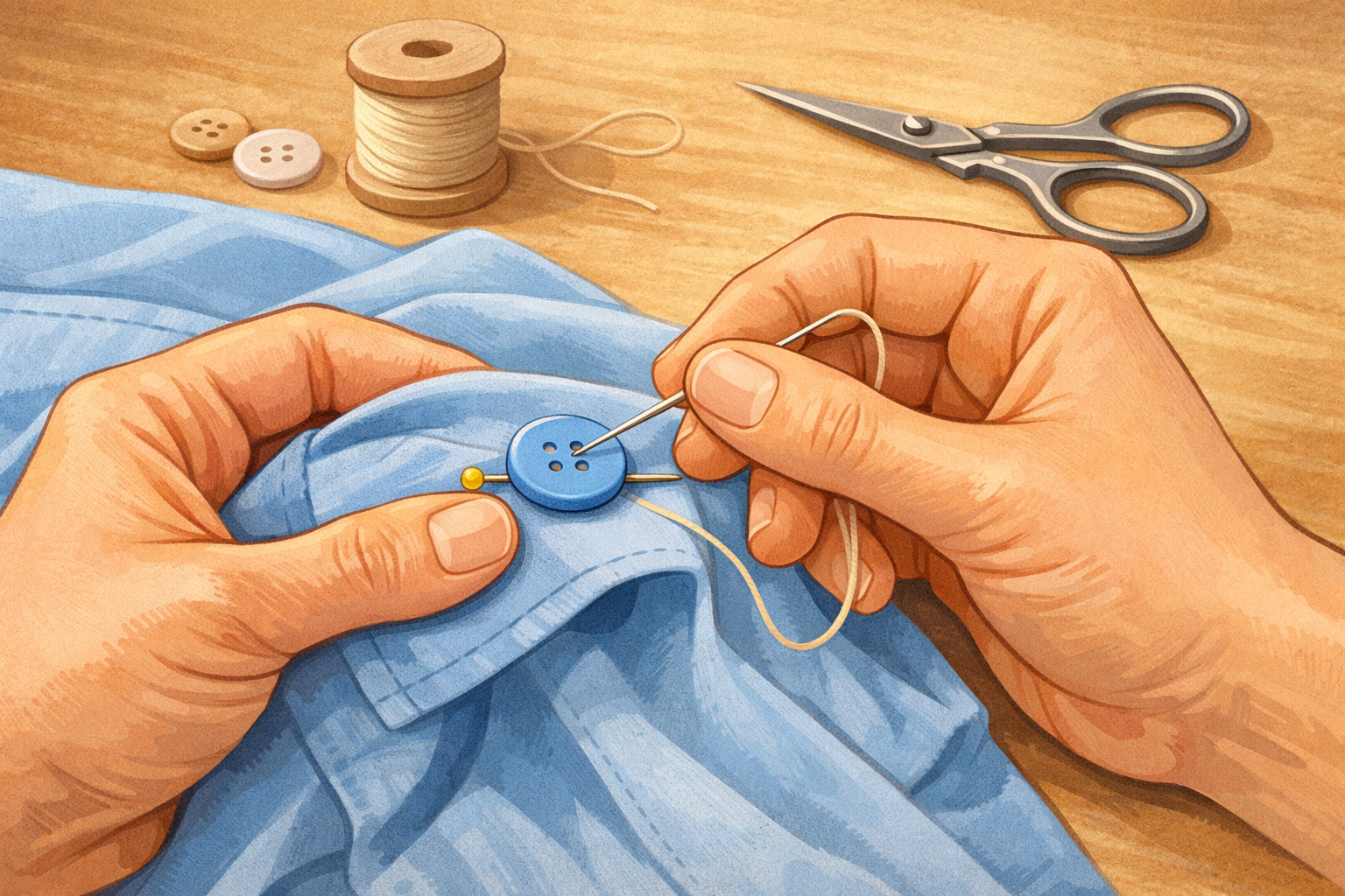 Hands sewing a flat button onto a shirt using a pin as a spacer under the button.