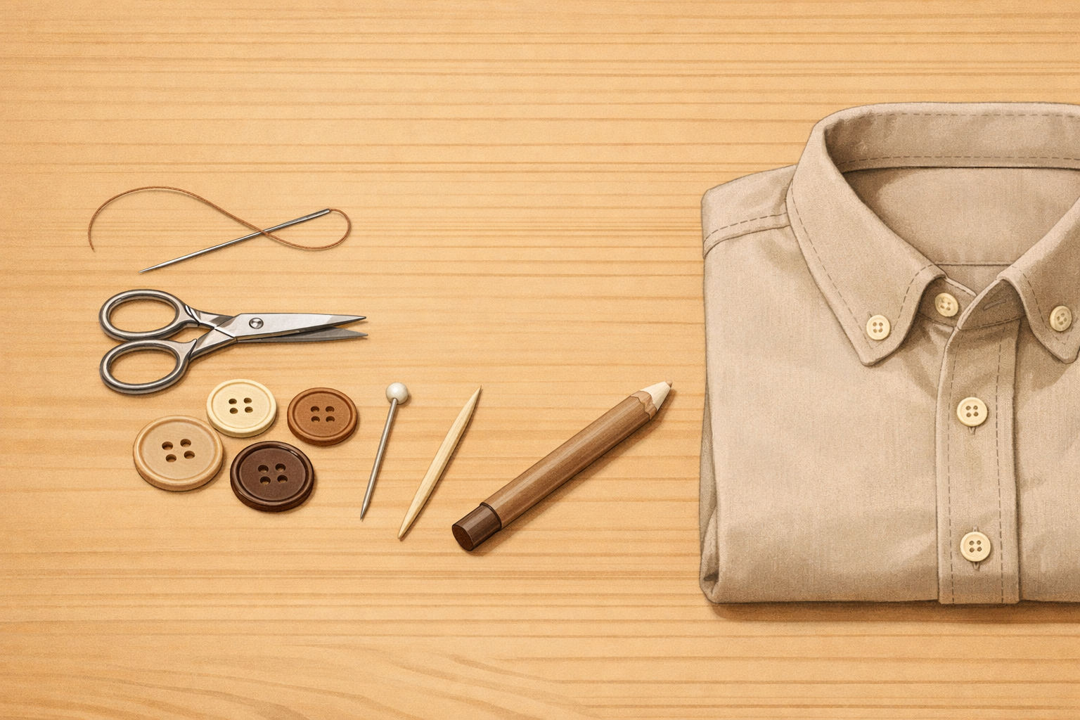 Sewing tools and a shirt laid out neatly, including buttons, a needle and thread, scissors, a pin, a toothpick, and a marking pencil.
