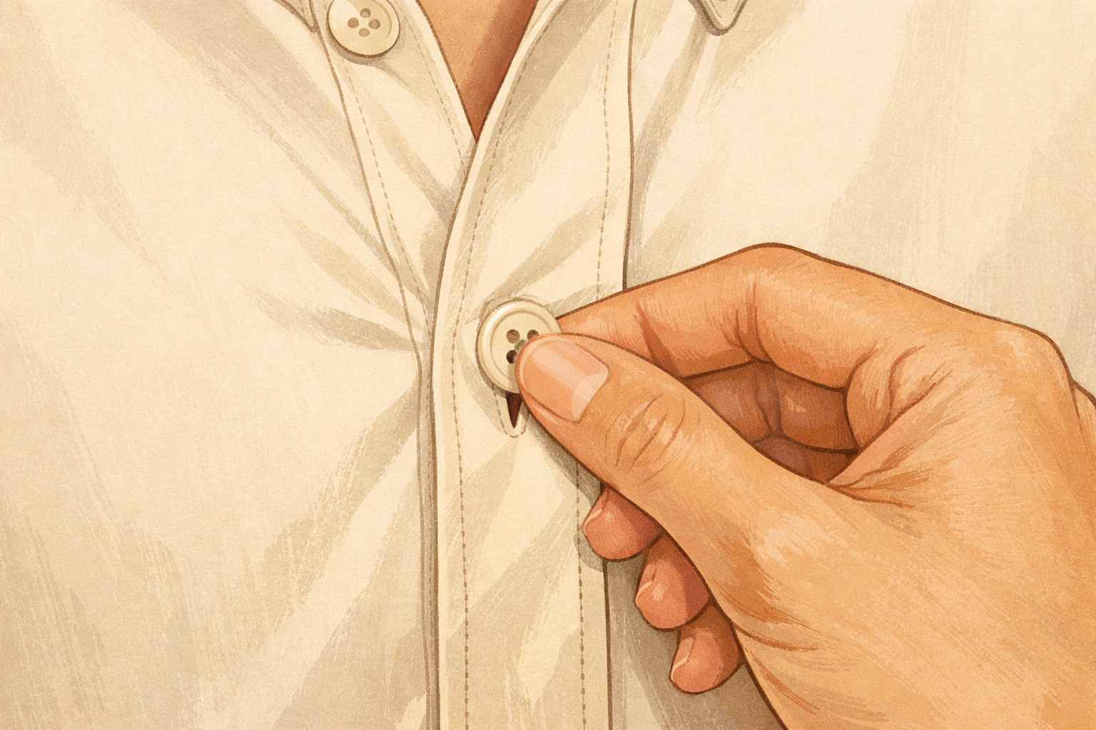 Buttoned shirt front being checked for smooth closure and alignment.