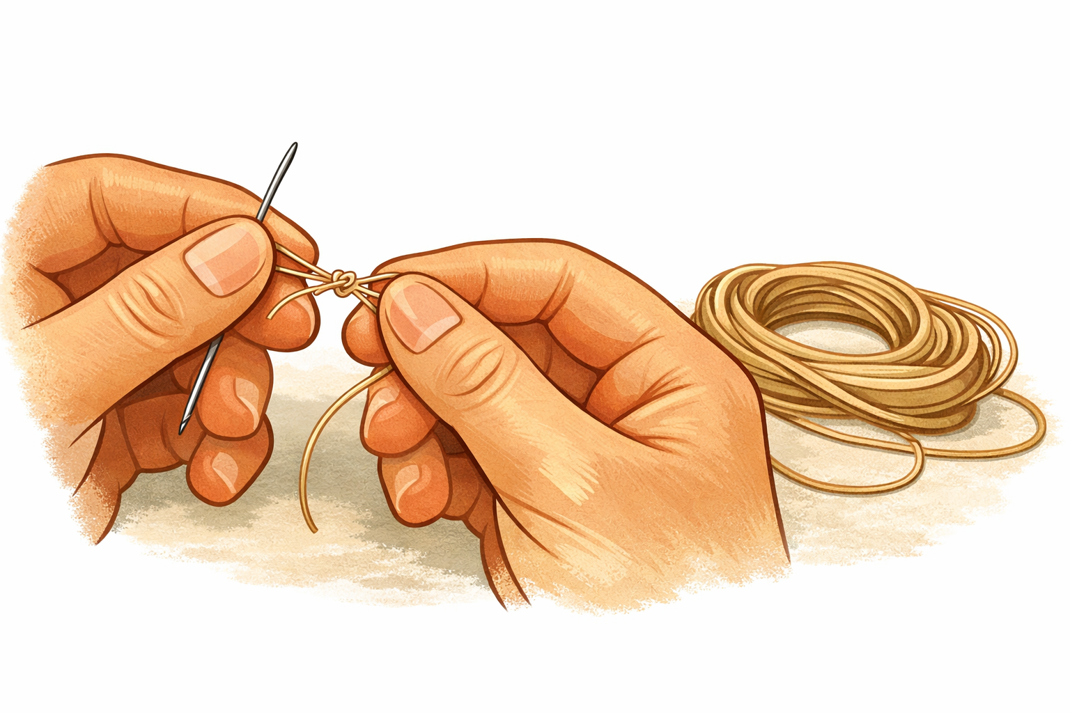 Hands threading a needle and tying a knot at the ends of doubled thread.