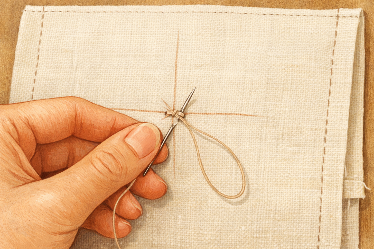 Small anchoring stitches on the back of fabric at the marked button location.