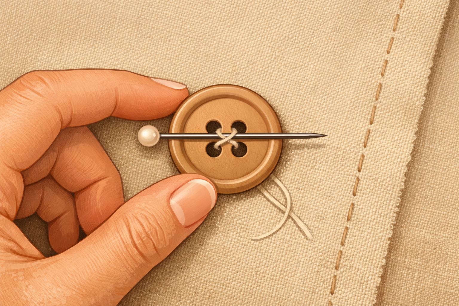 Button held on fabric with a straight pin laid across it to act as a spacer.