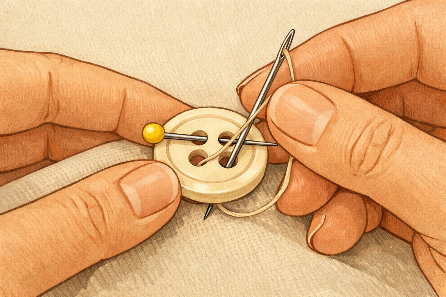 Sewing a stitch through a button’s holes with a pin across the button.