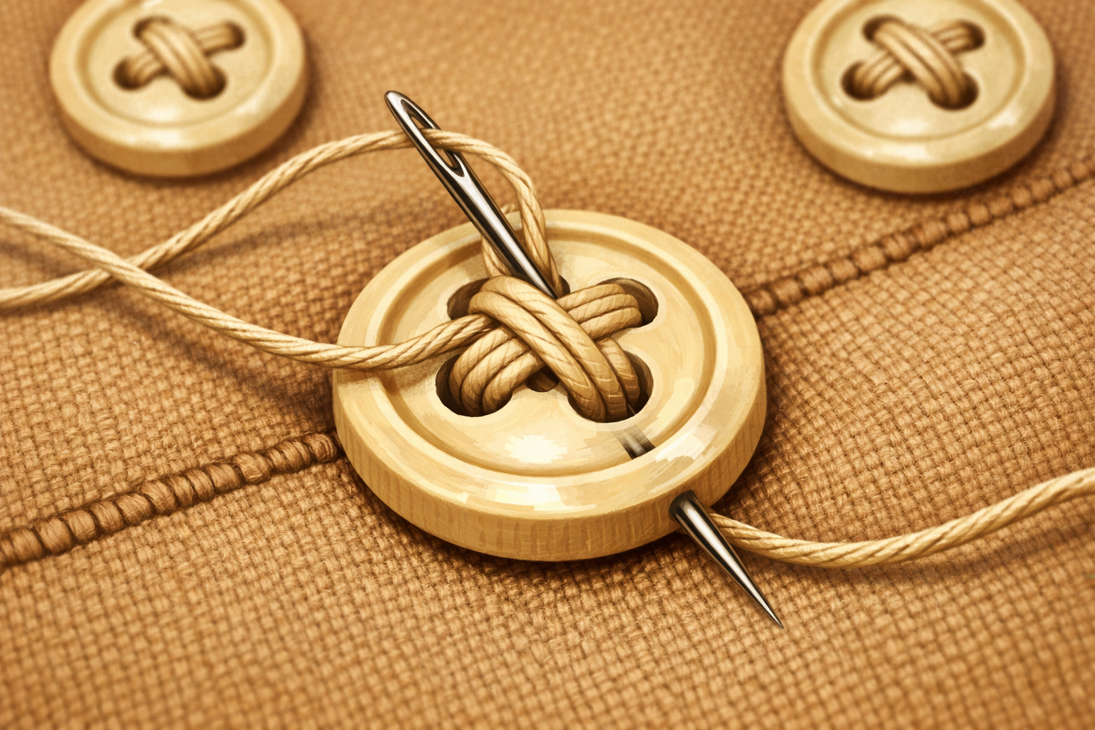 Neat, repeated stitches securing a button to fabric.