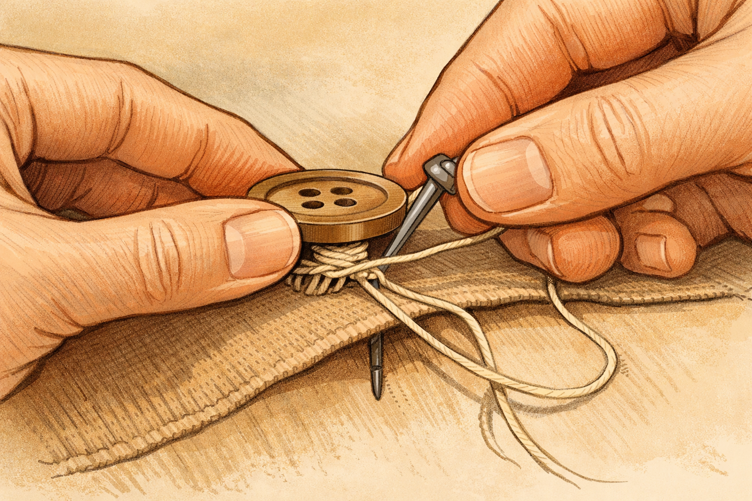 Thread being wrapped under a lifted button to create a thread shank.