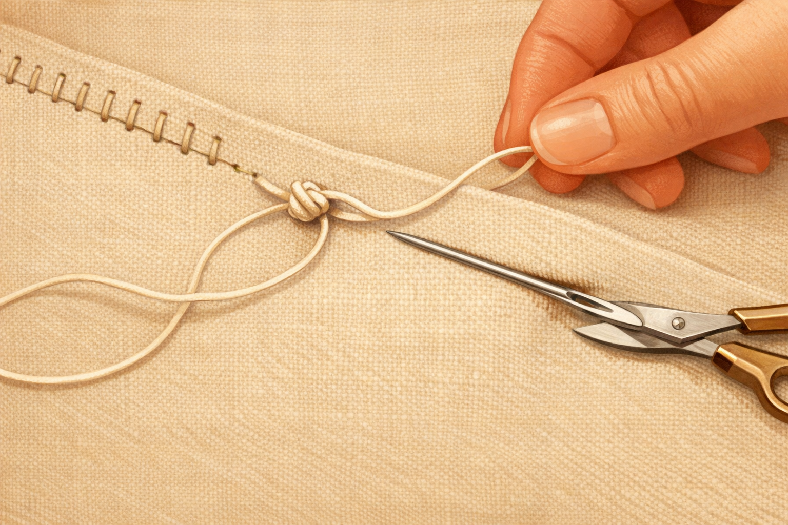 Locking stitches and a small knot on the back of the fabric, with the thread tail hidden before trimming.