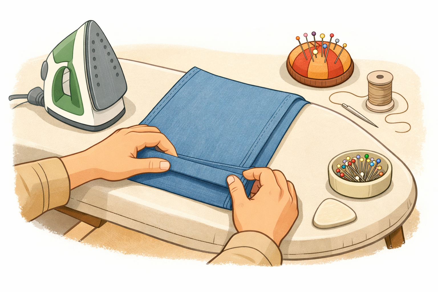 Hands folding the hem of a pant leg on an ironing board with an iron, pins, and thread nearby.