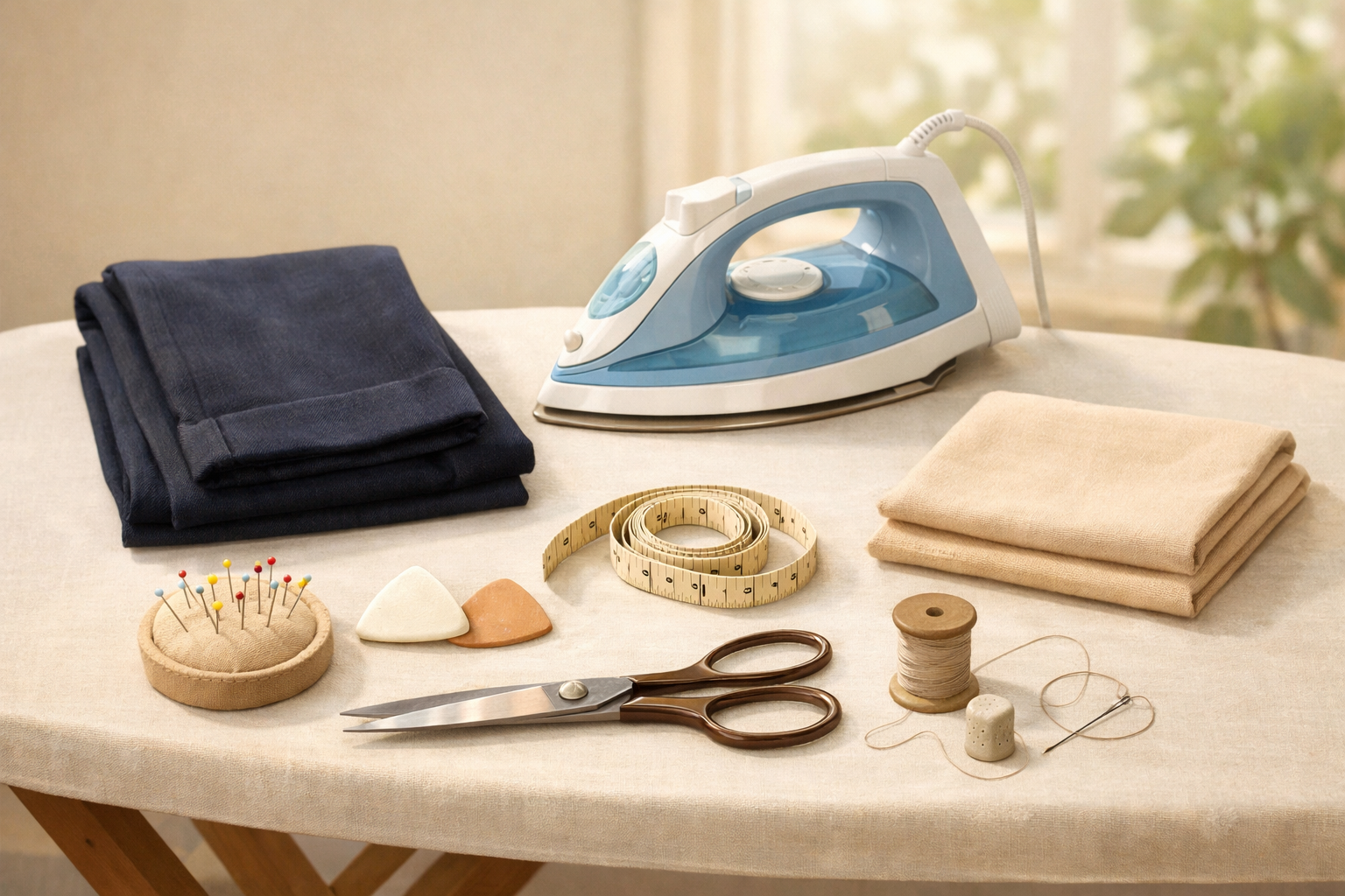 Basic hemming tools arranged around a pair of pants on an ironing board.