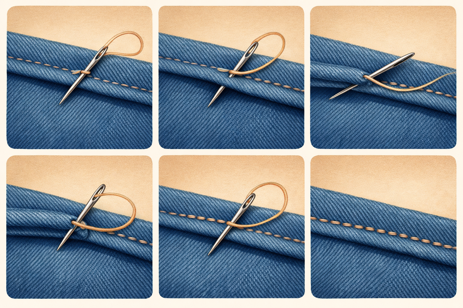 Needle alternating between tiny bites of the pant leg and longer stitches hidden inside the hem fold.