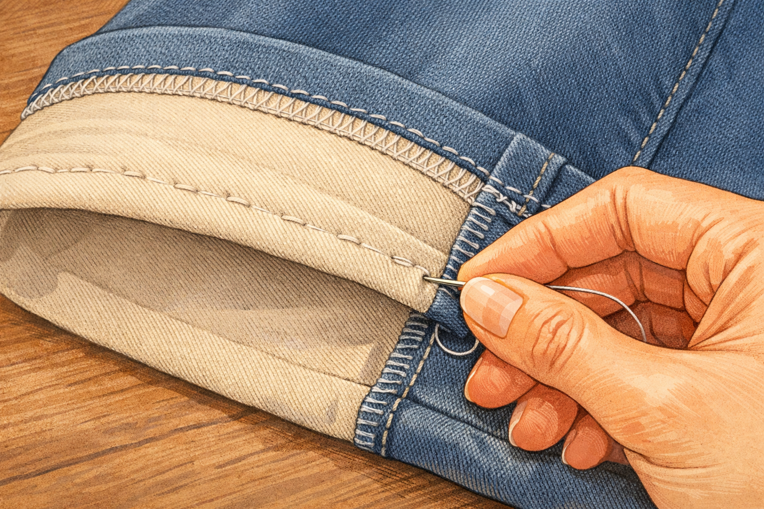 Hand making a small securing stitch in the hem fold to finish the first leg.