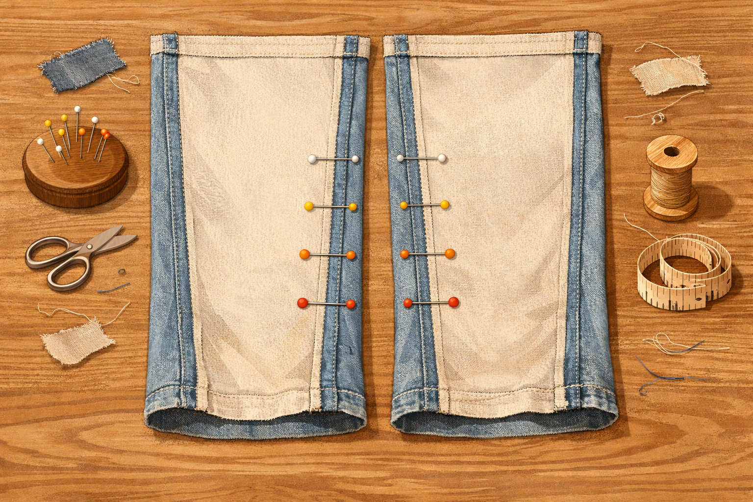 Two pant legs aligned with matching pinned hems before stitching the second leg.