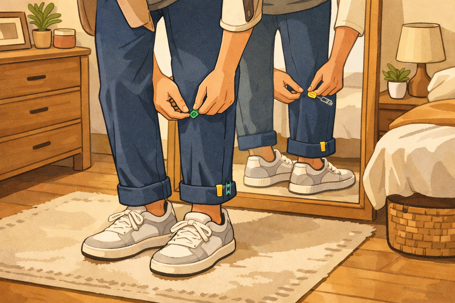 Person folding and pinning pant hems to the desired length while wearing the pants.