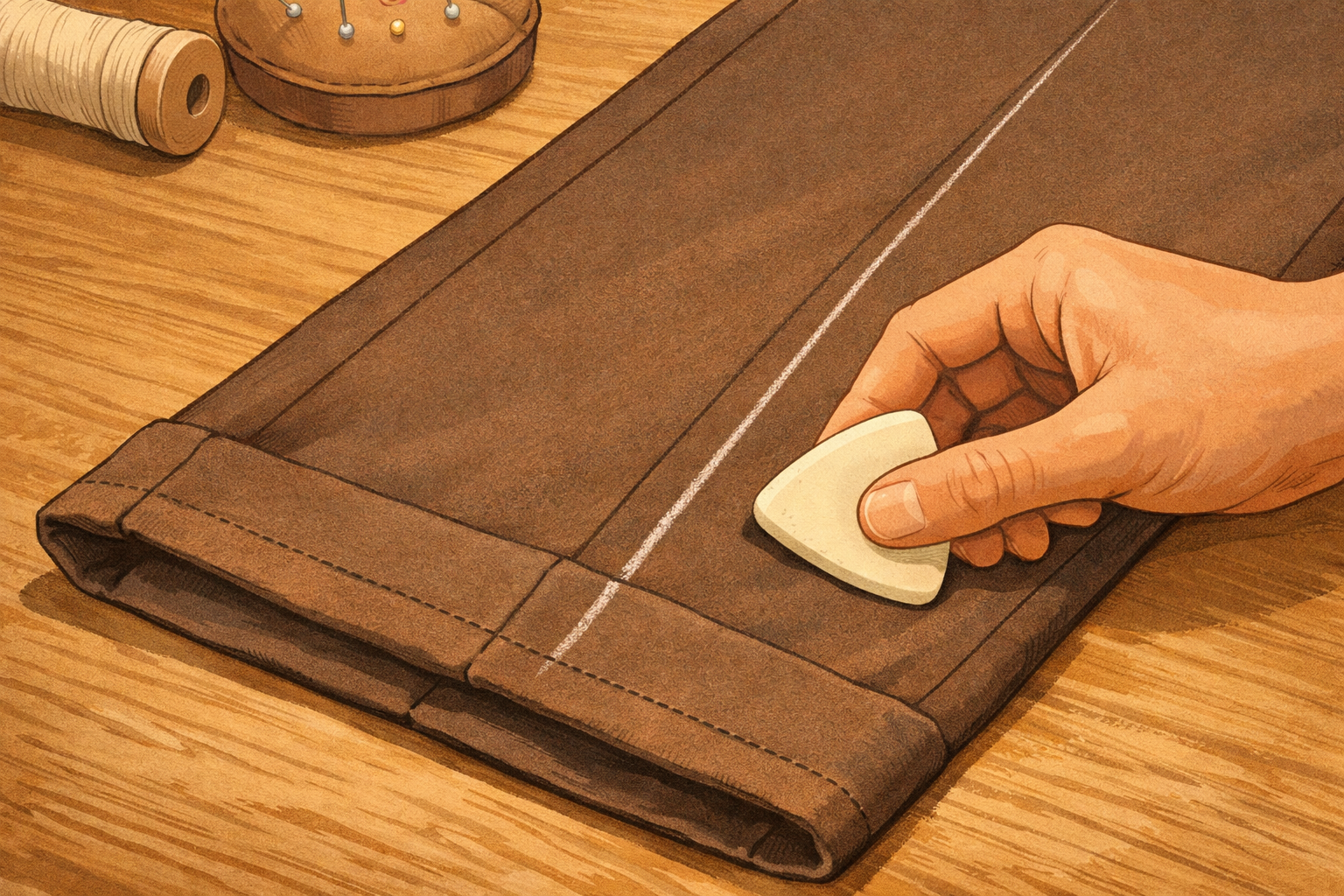 Hand marking a chalk line along the folded hem of a pant leg laid flat.