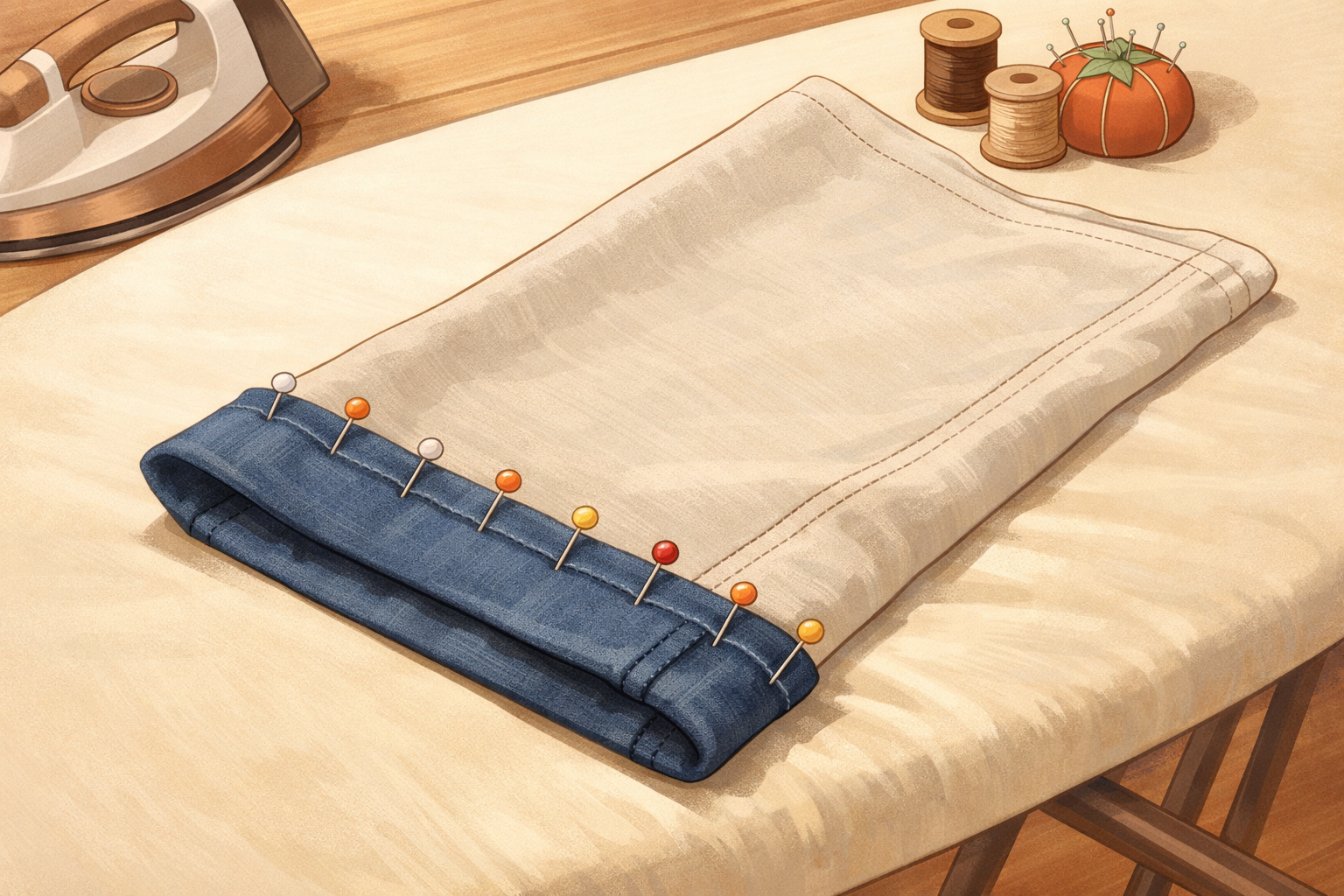 Evenly pinned hem on an inside-out pant leg, ready for hand stitching.