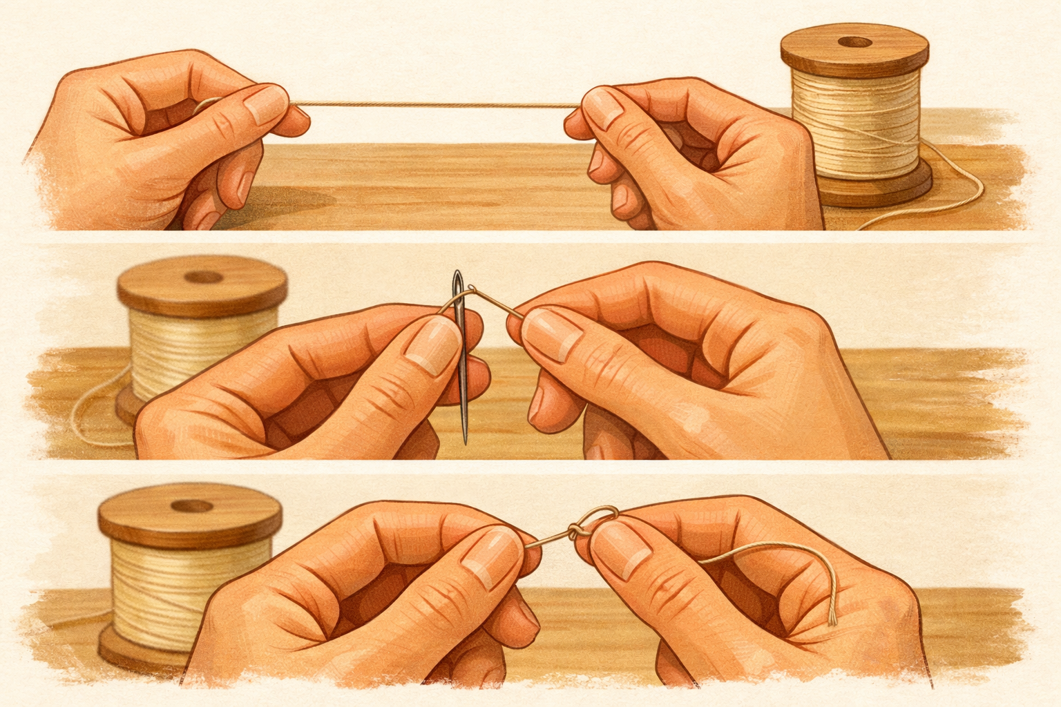 Hands threading a needle and tying a knot in matching thread.