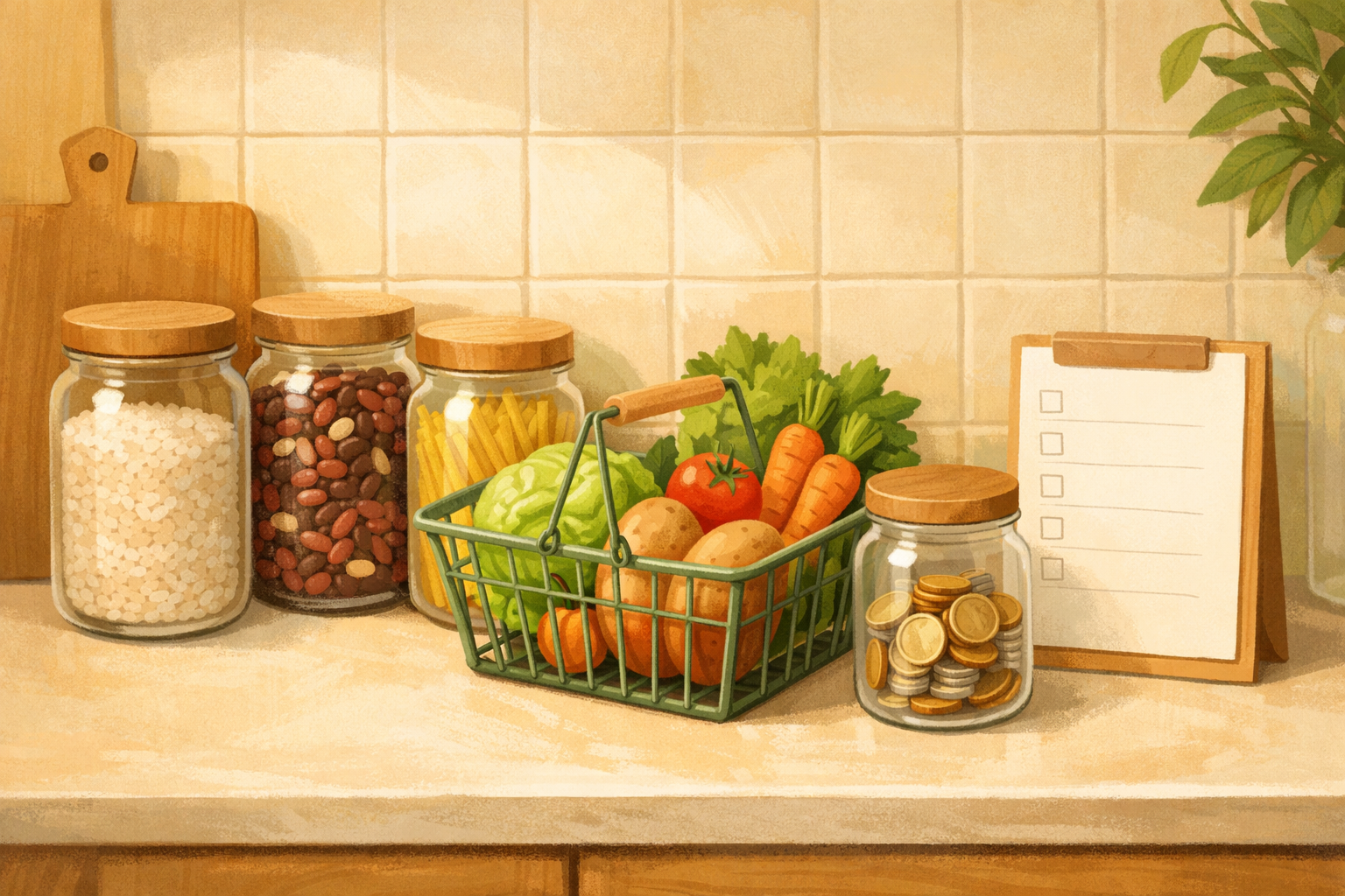 Cozy kitchen scene with jars of dry goods, a grocery basket of produce, and a coin jar beside a simple list.