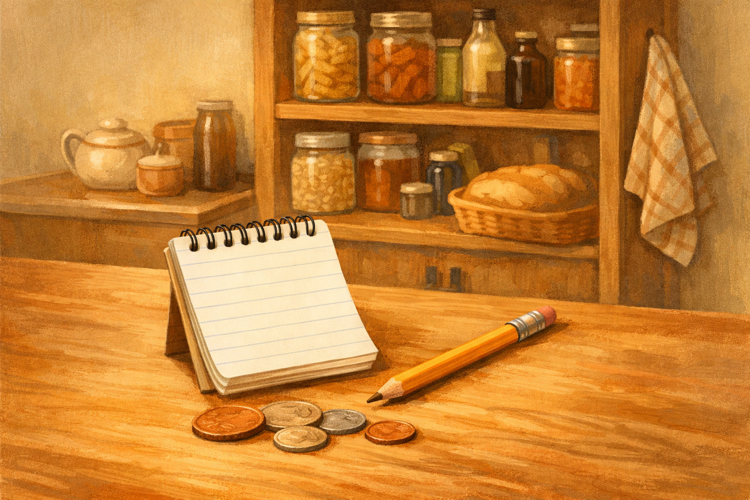 A notepad with a pencil and coins on a table near a small pantry shelf.