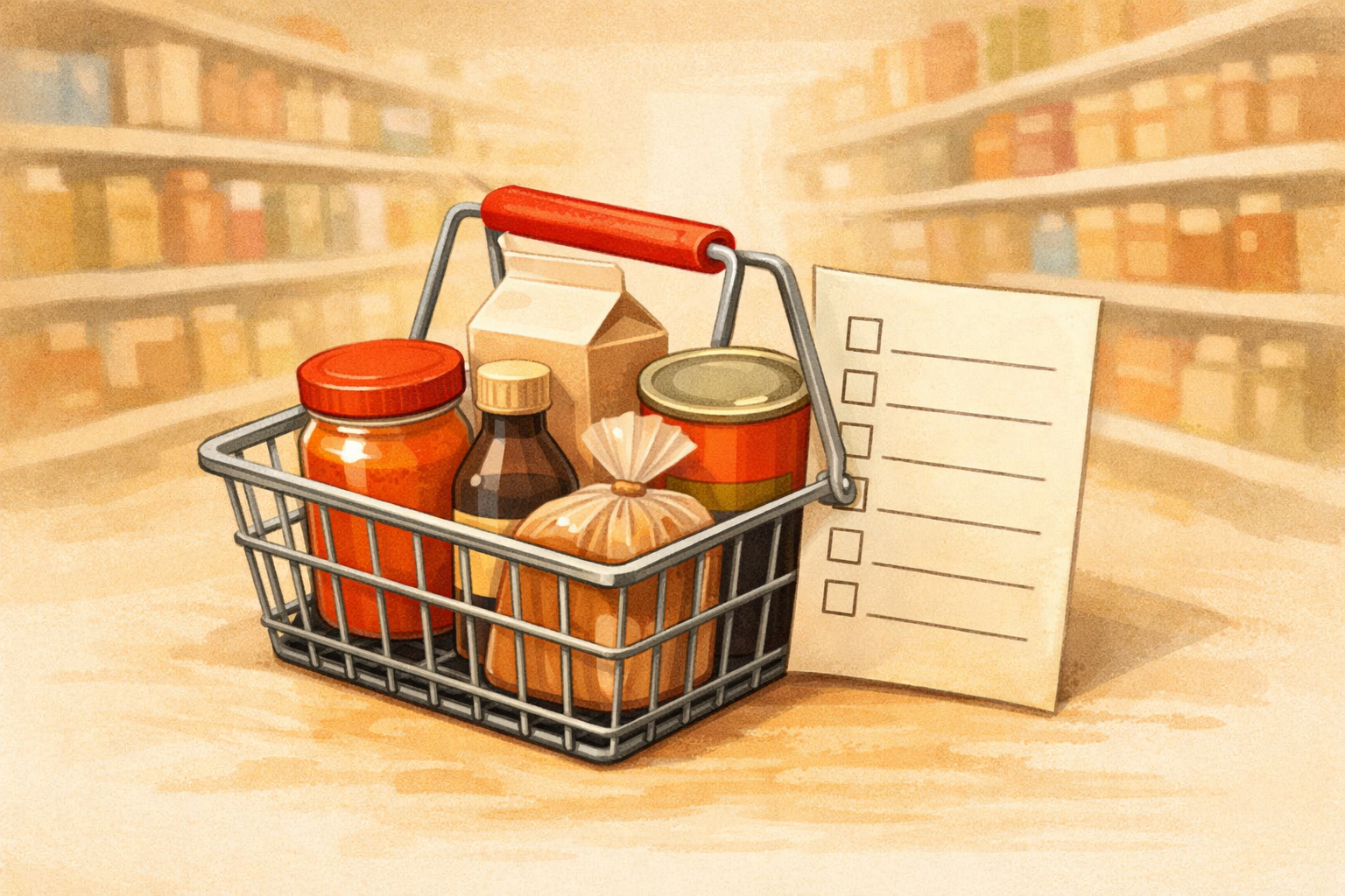 Small shopping basket holding a few pantry goods with a simple list.