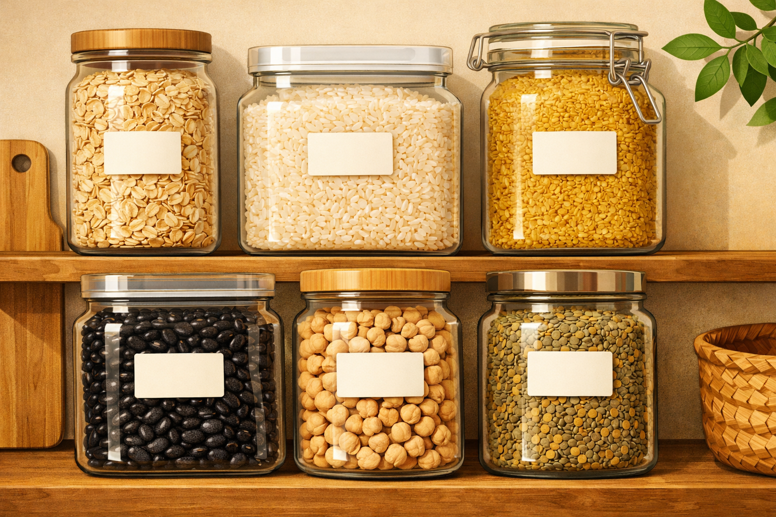 Clear containers of grains and beans arranged neatly on a shelf.