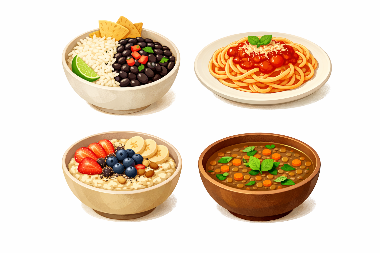 Four simple plates showing basic meals made from pantry staples.