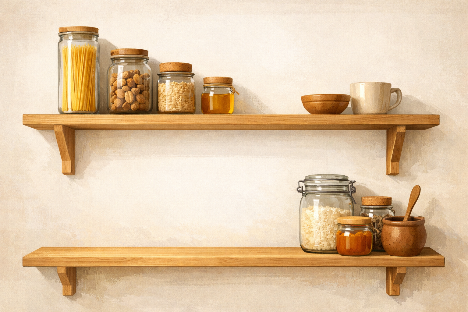 Open shelves showing a couple of jars and a freshly cleared space.