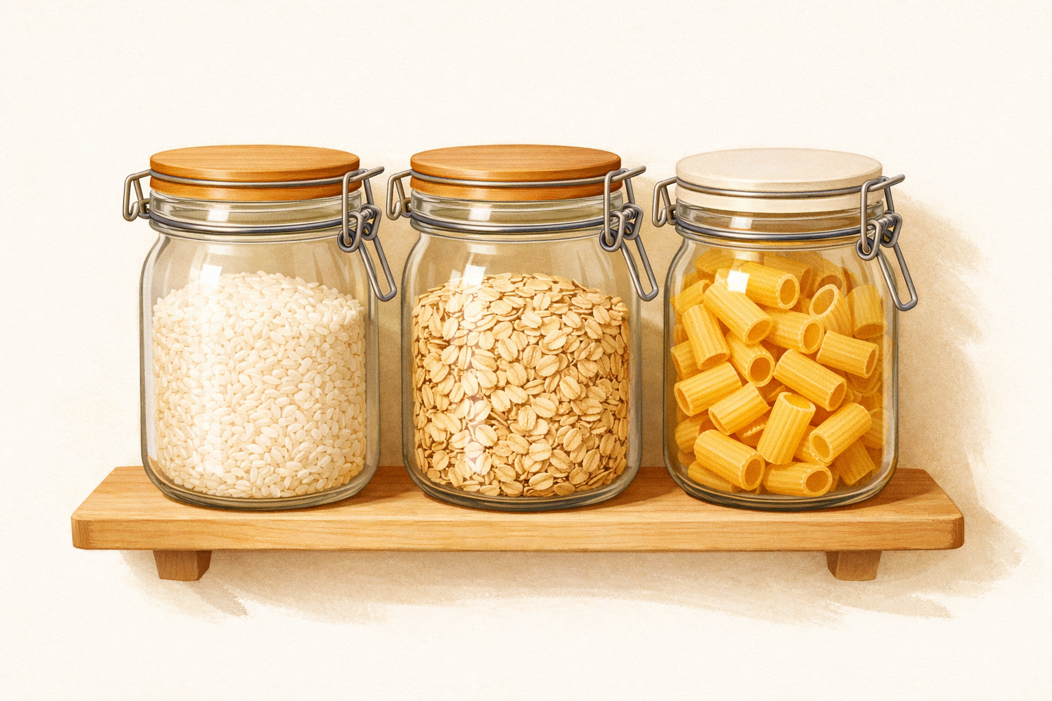 Three jars filled with rice, oats, and pasta on a shelf.