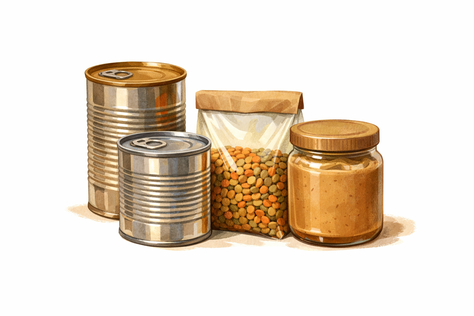 Cans, a bag of lentils, and a jar of spreadable protein on a counter.