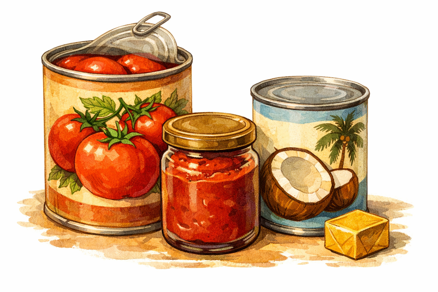 Canned tomatoes, tomato paste, coconut milk, and a stock option grouped together.
