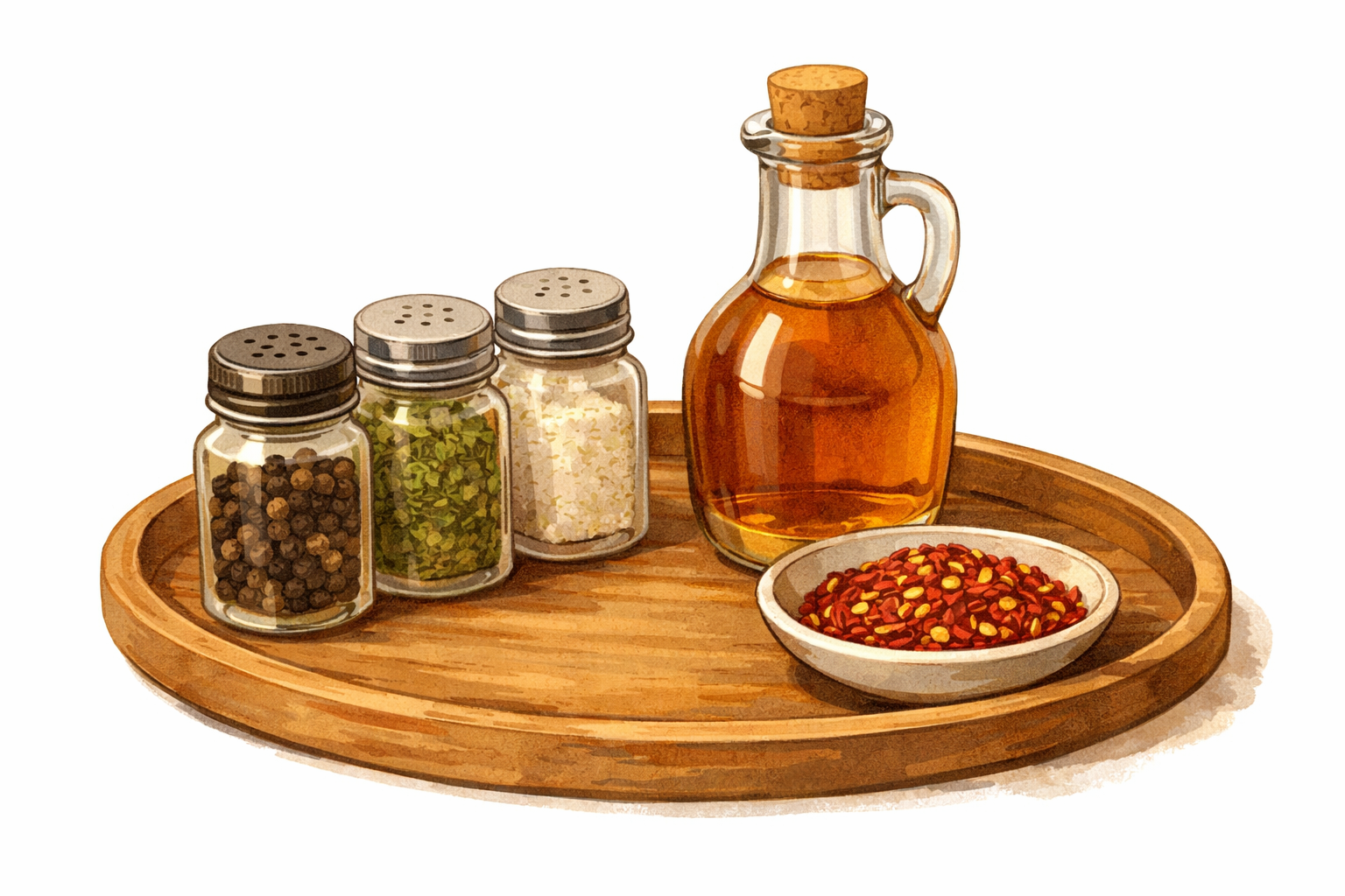 Assorted spice jars with a vinegar bottle and chili flakes on a tray.