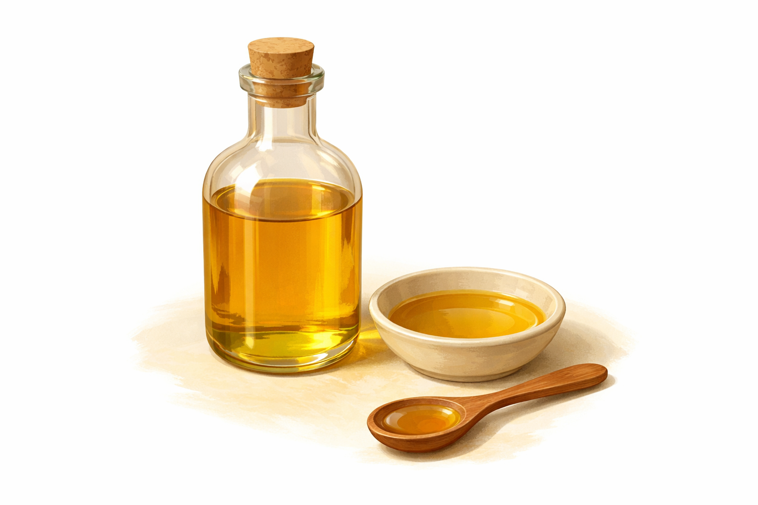 A bottle of cooking oil with a small dish and spoon beside it.