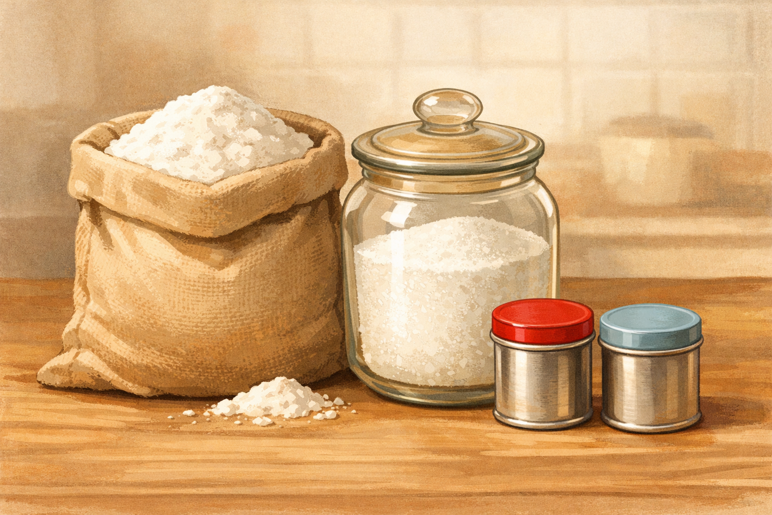 Flour, sugar, and small leavener containers grouped on a counter.