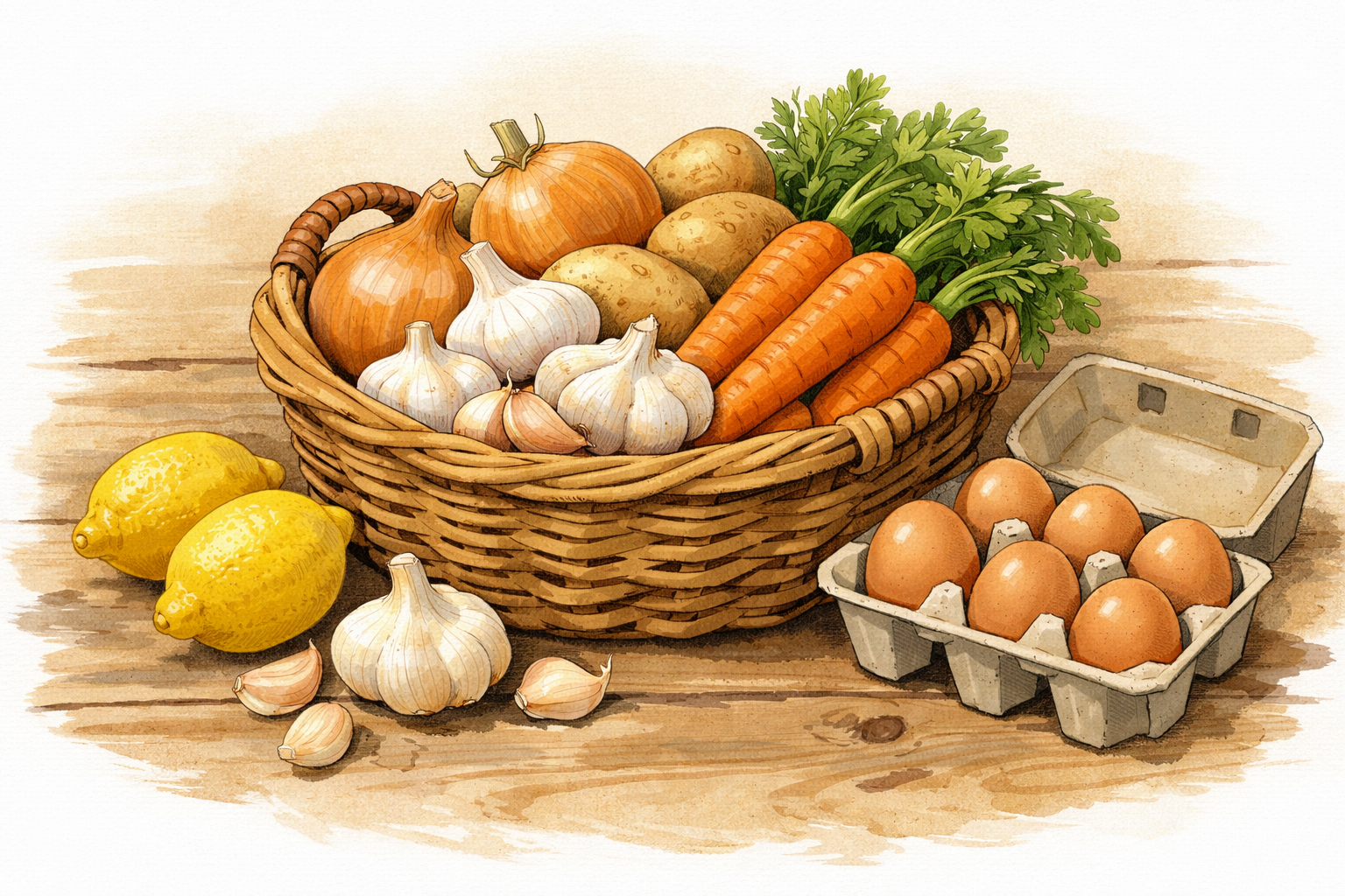 Basket of sturdy produce with a carton of eggs beside it.
