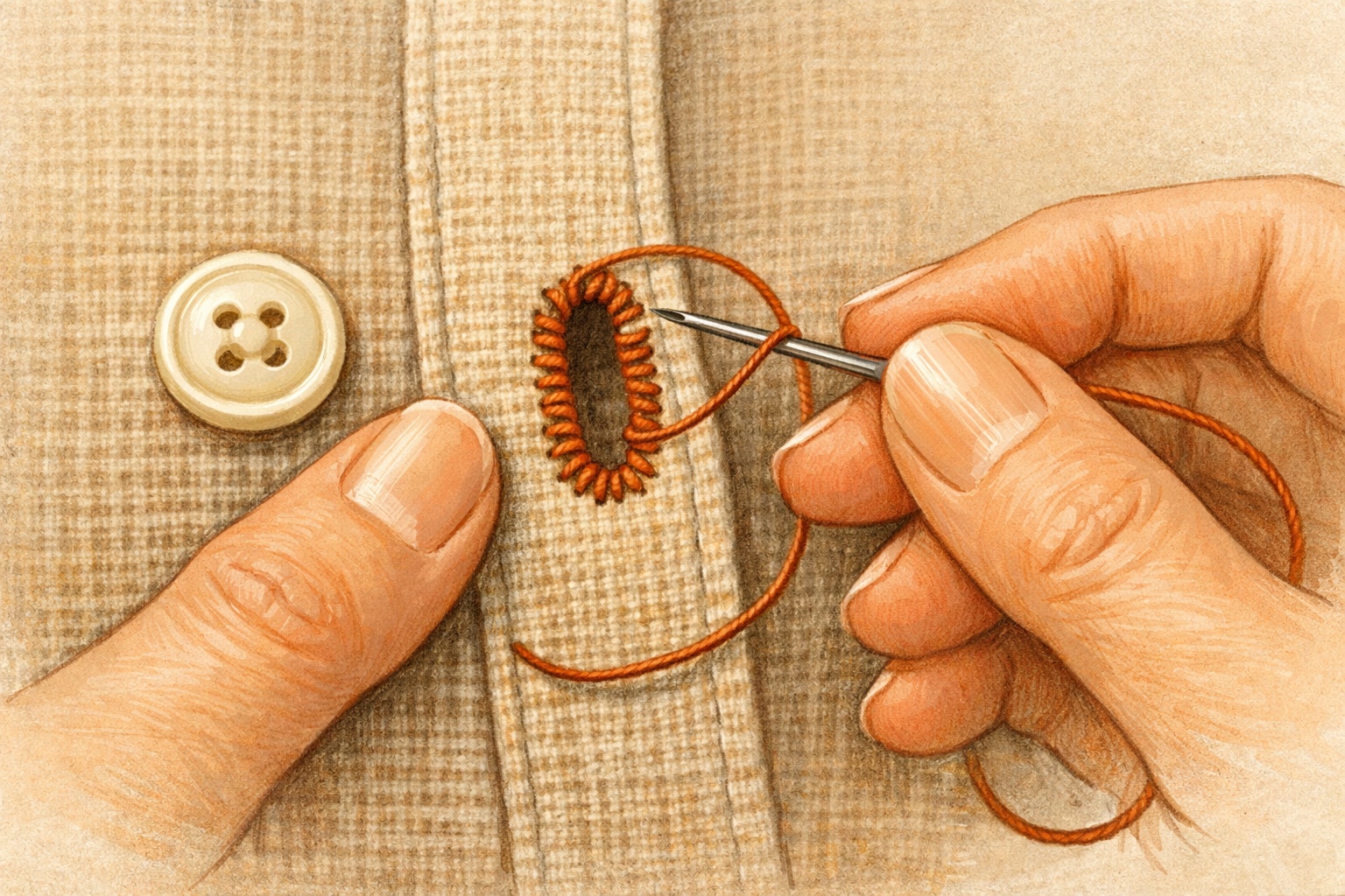 Close-up view of hands sewing neat blanket stitches around a shirt’s buttonhole to tighten it, with a nearby button on the placket.