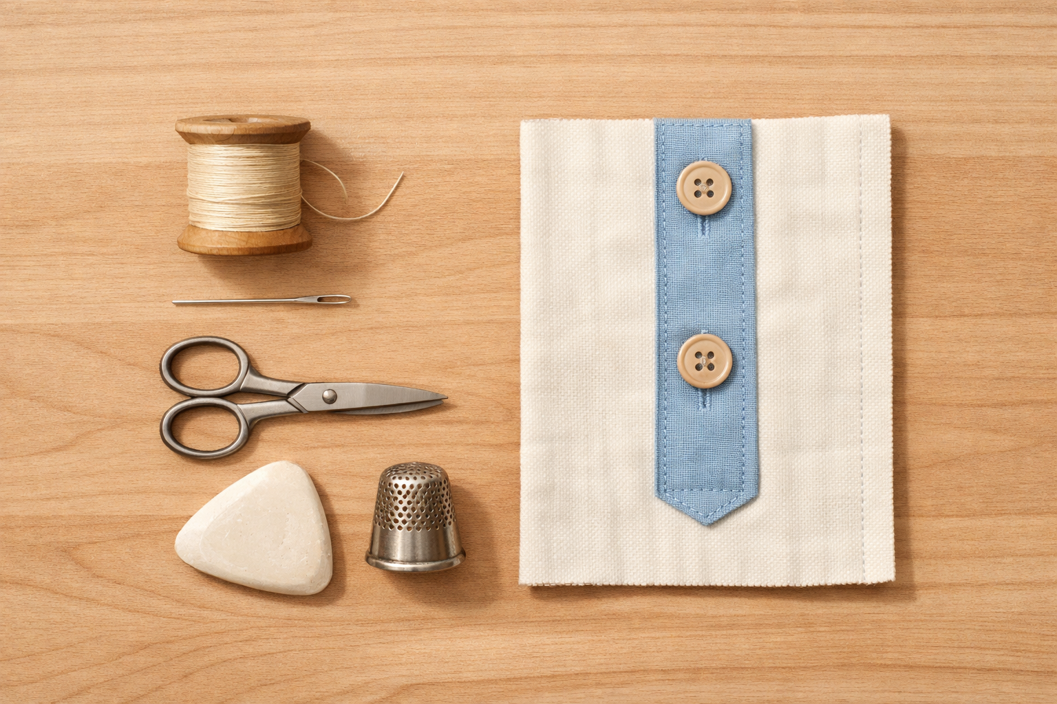 A compact selection of sewing tools laid out near a shirt placket, ready for hand stitching.
