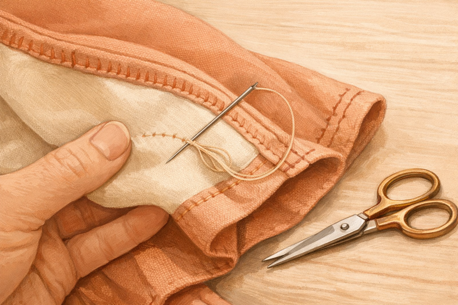 Securing stitches being made on the inside, with the thread tail tucked and ready to trim.