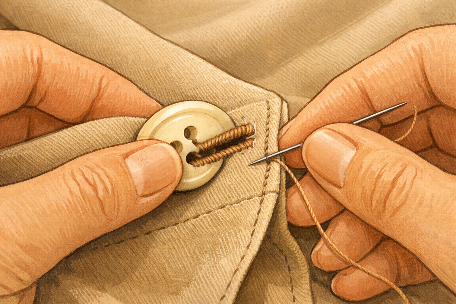 A button passing through the reinforced buttonhole as a hand checks the fit and adjusts stitches.