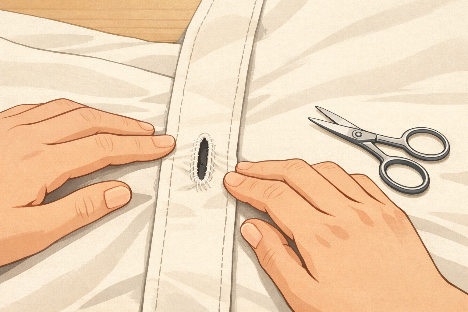 Hands flattening a shirt’s buttonhole area while small scissors rest nearby for trimming fuzz.