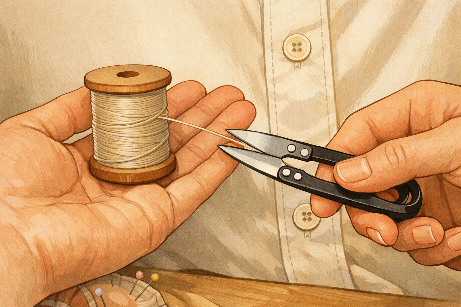 A thread length being cut with snips while the garment lies in the background.