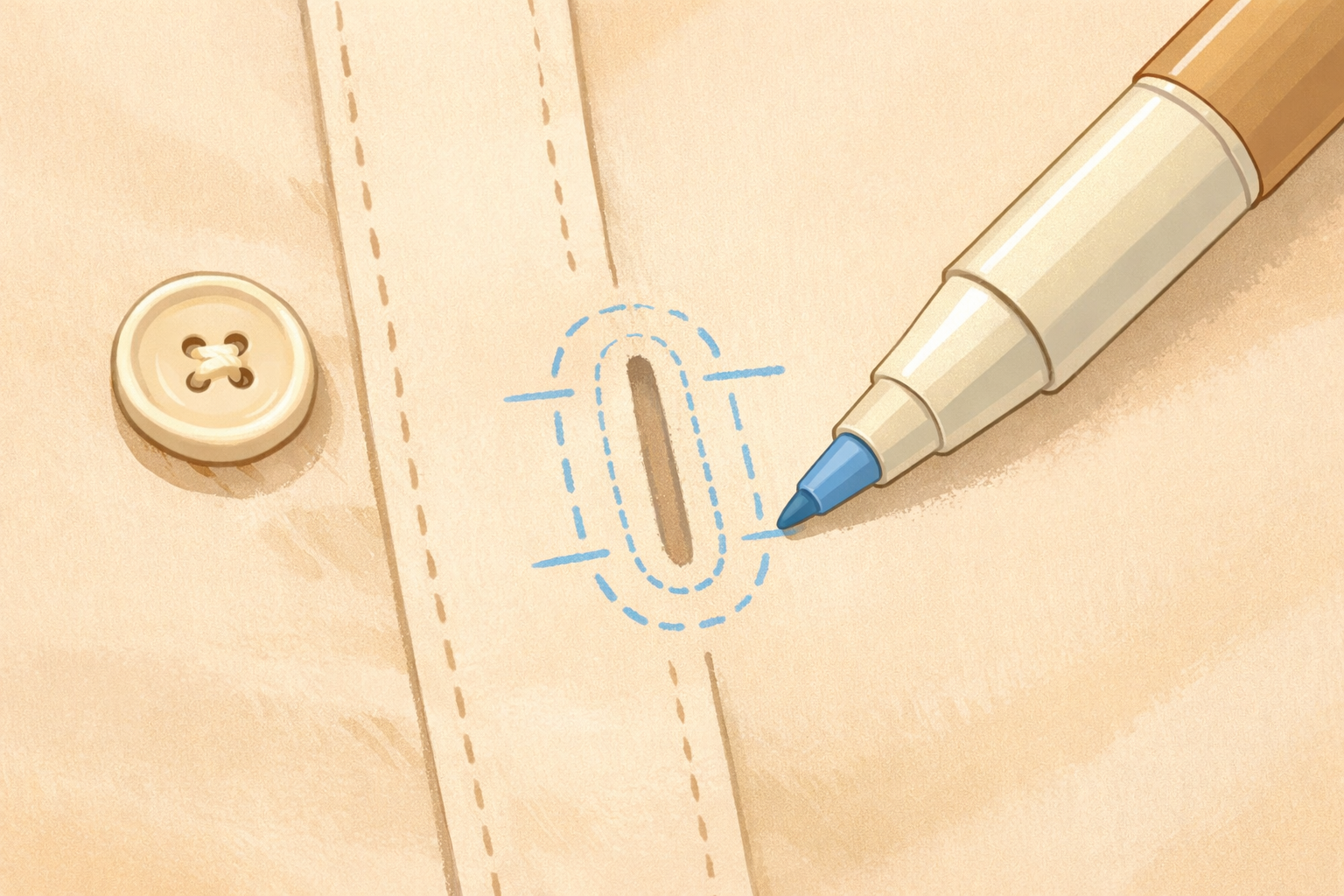 A fabric marker drawing faint guide lines around a buttonhole on a shirt placket.