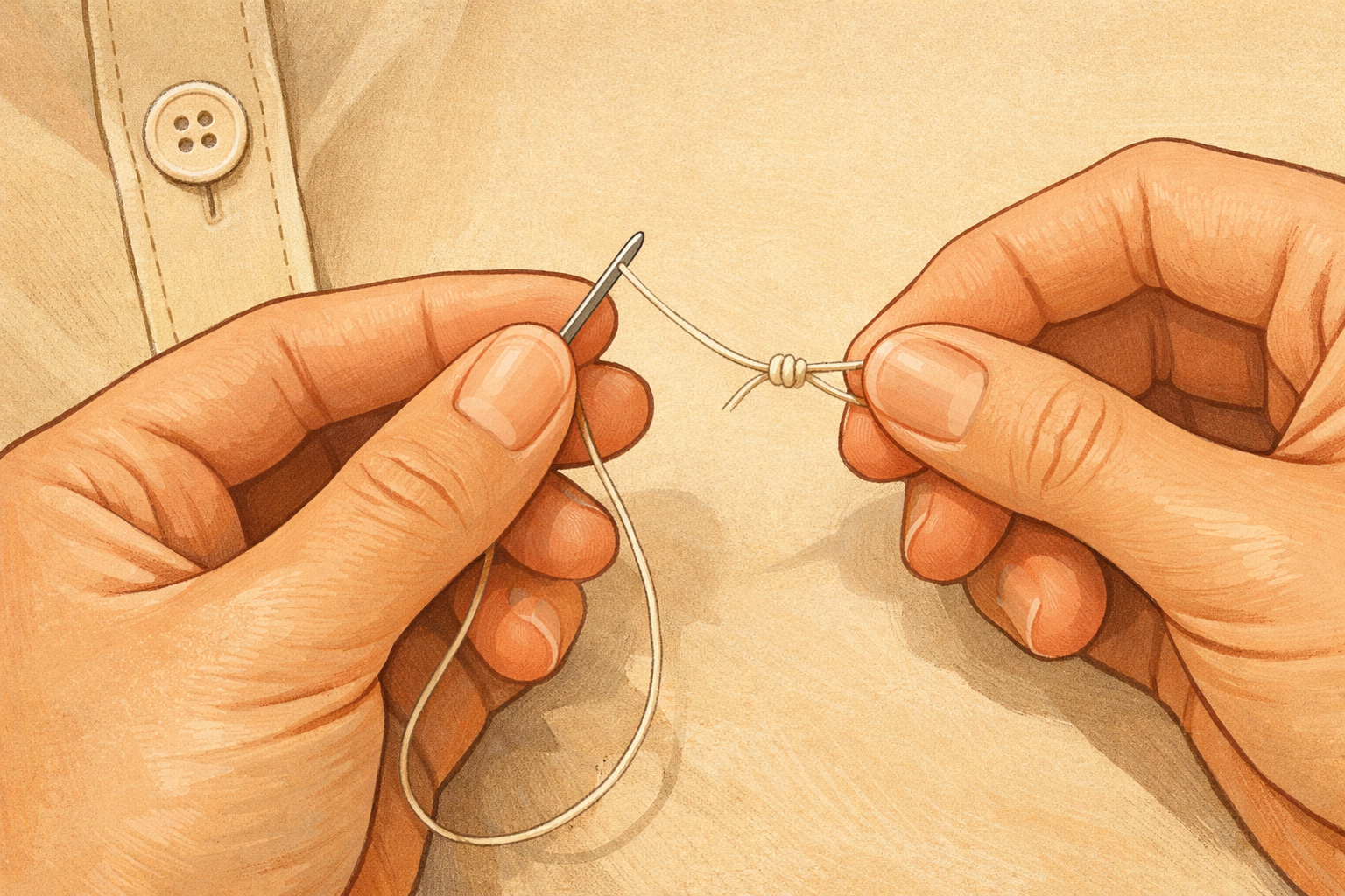 Hands threading a needle and tying a knot, ready to sew the buttonhole.