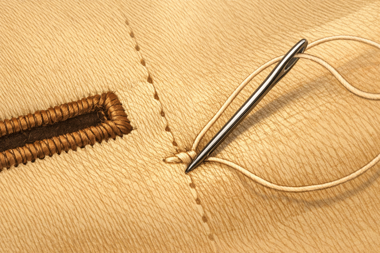 A small anchoring stitch being made on the inside of the garment next to the buttonhole.