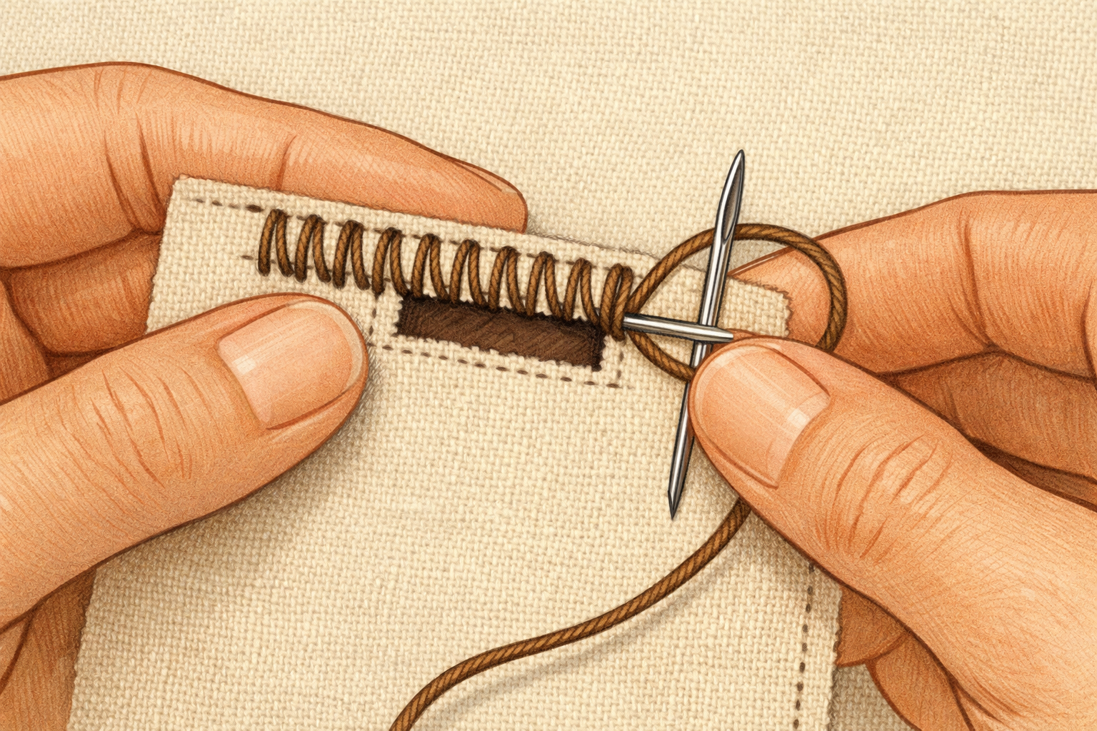 Hands stitching along one side of the buttonhole, forming even blanket stitches that hug the edge.