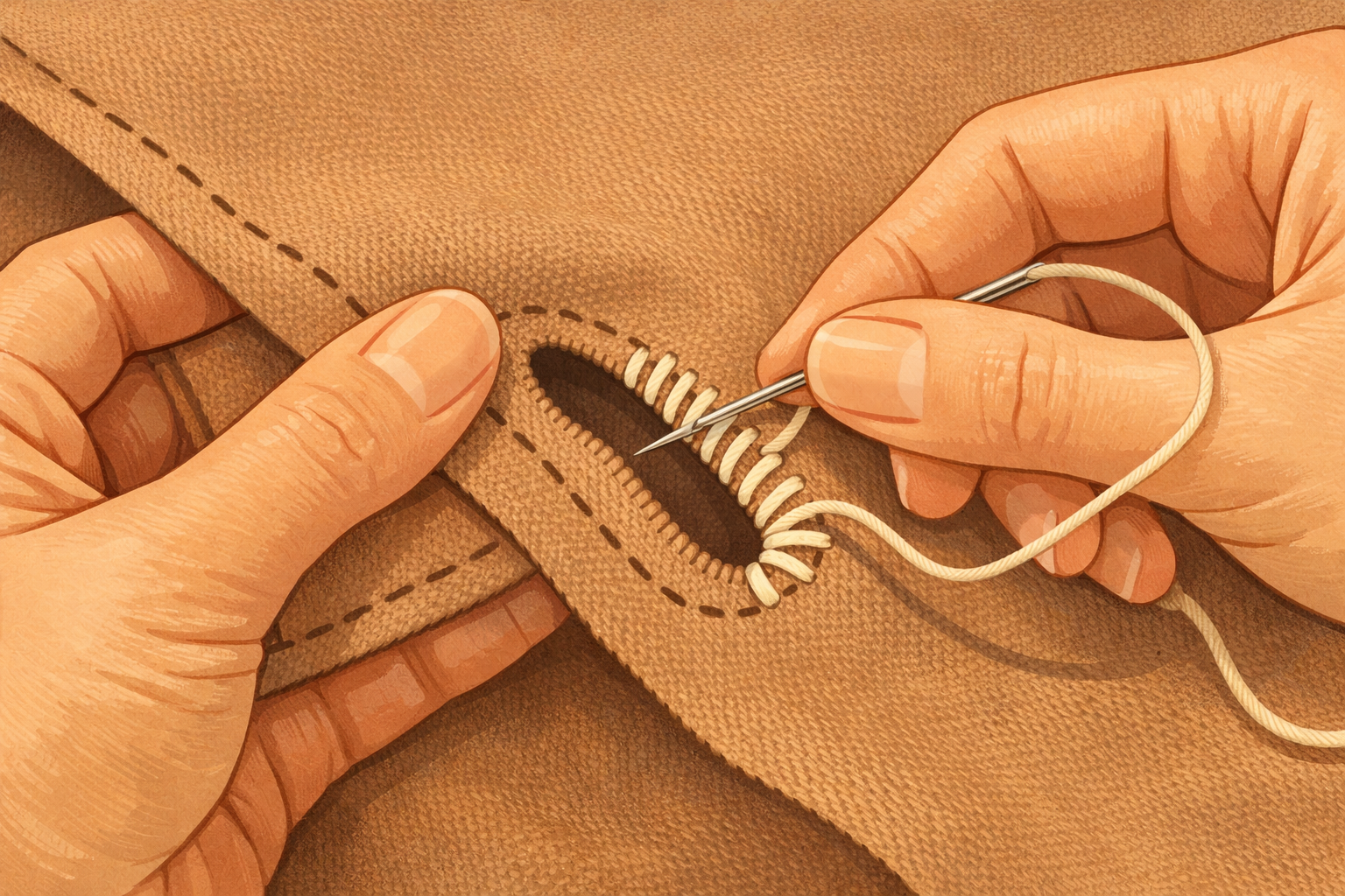 Even blanket stitches running down the second side of the buttonhole, narrowing the opening slightly.