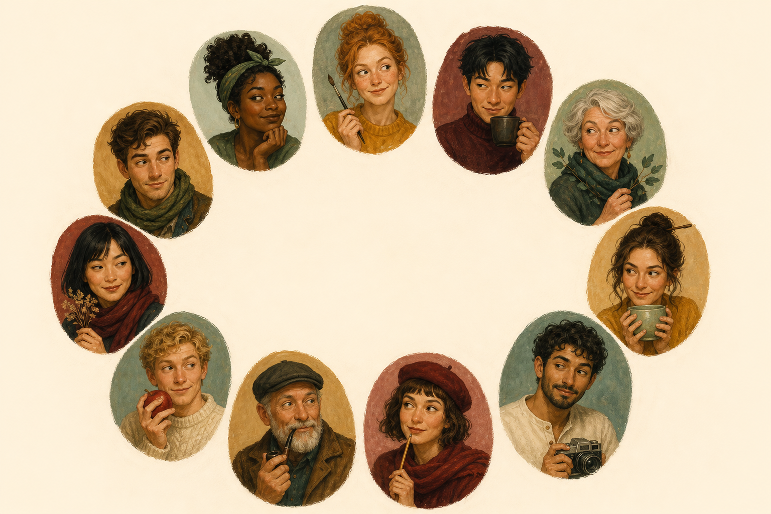 Illustration of twelve portrait vignettes, each with a distinct colour palette and complementary background suggesting different zodiac personalities.