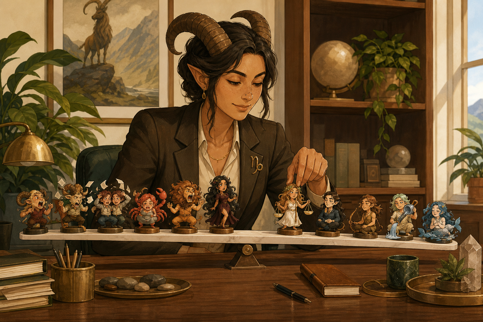Playful editorial scene of a Capricorn organizing small expressive zodiac characters on a tidy desk, from chaotic to calm.