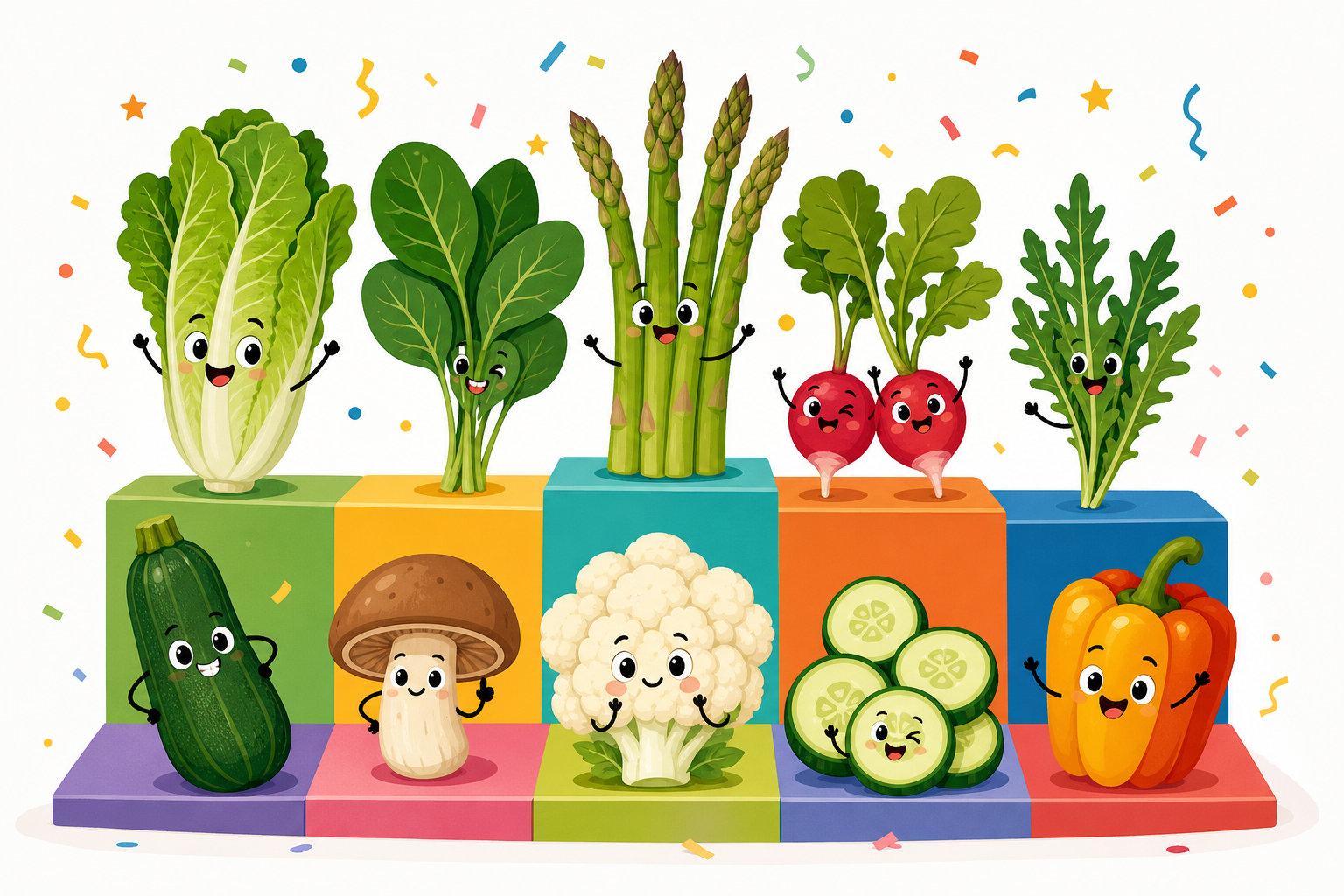 Playful illustration of ten vegetables lined up against a colorful scoreboard-style background.