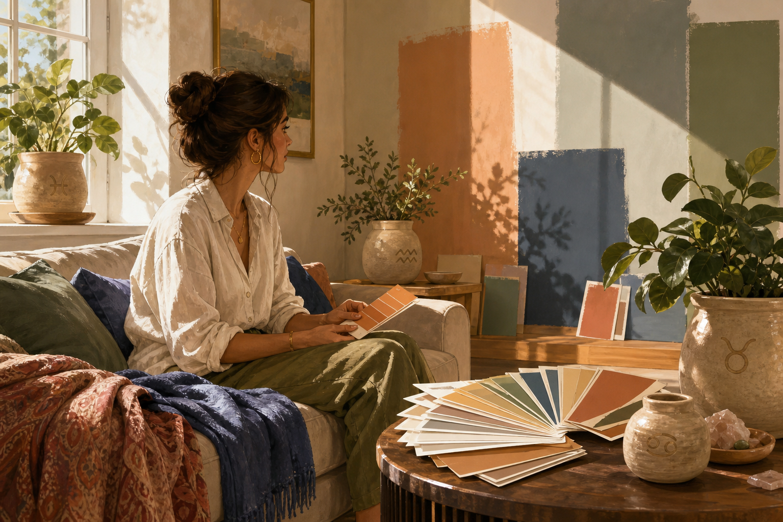 Illustrated living room with paint swatches, soft natural light, houseplant and small zodiac glyphs on pottery.